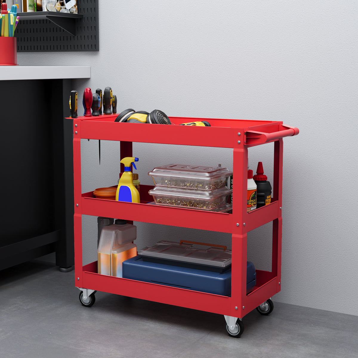 Chariot desserte d'atelier acier 3 plateaux sur roulettes avec poignée charge max. 150 kg 83 x 35,3 x 76 cm acier rouge-9