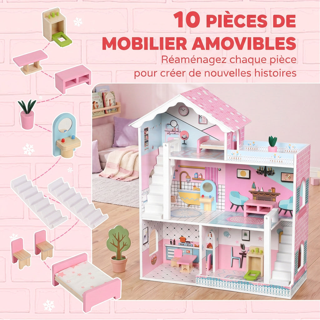 Maison de Poupée en Bois pour Enfants, Maison de Rêve Filles à 3 Étages avec Balcon, Escaliers et 10 Accessoires, Rose-4