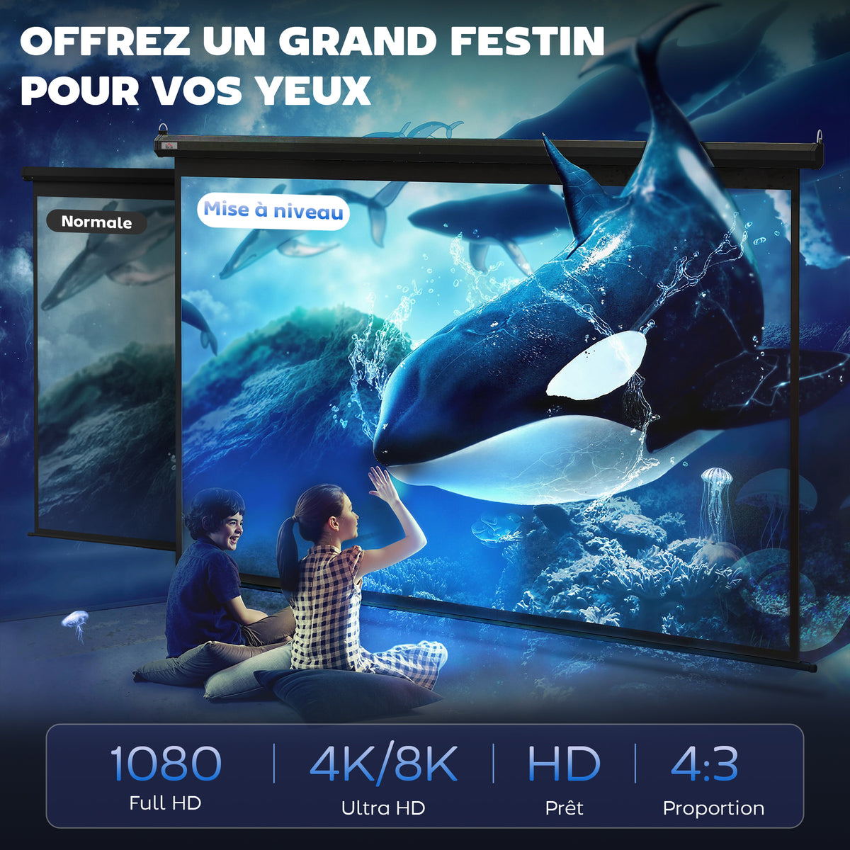 Écran de Projection 120" 4:3 HD 4K, Boîtier en Métal, Écran Hauteur Réglable Manuellement, 244x183cm, Noir-3