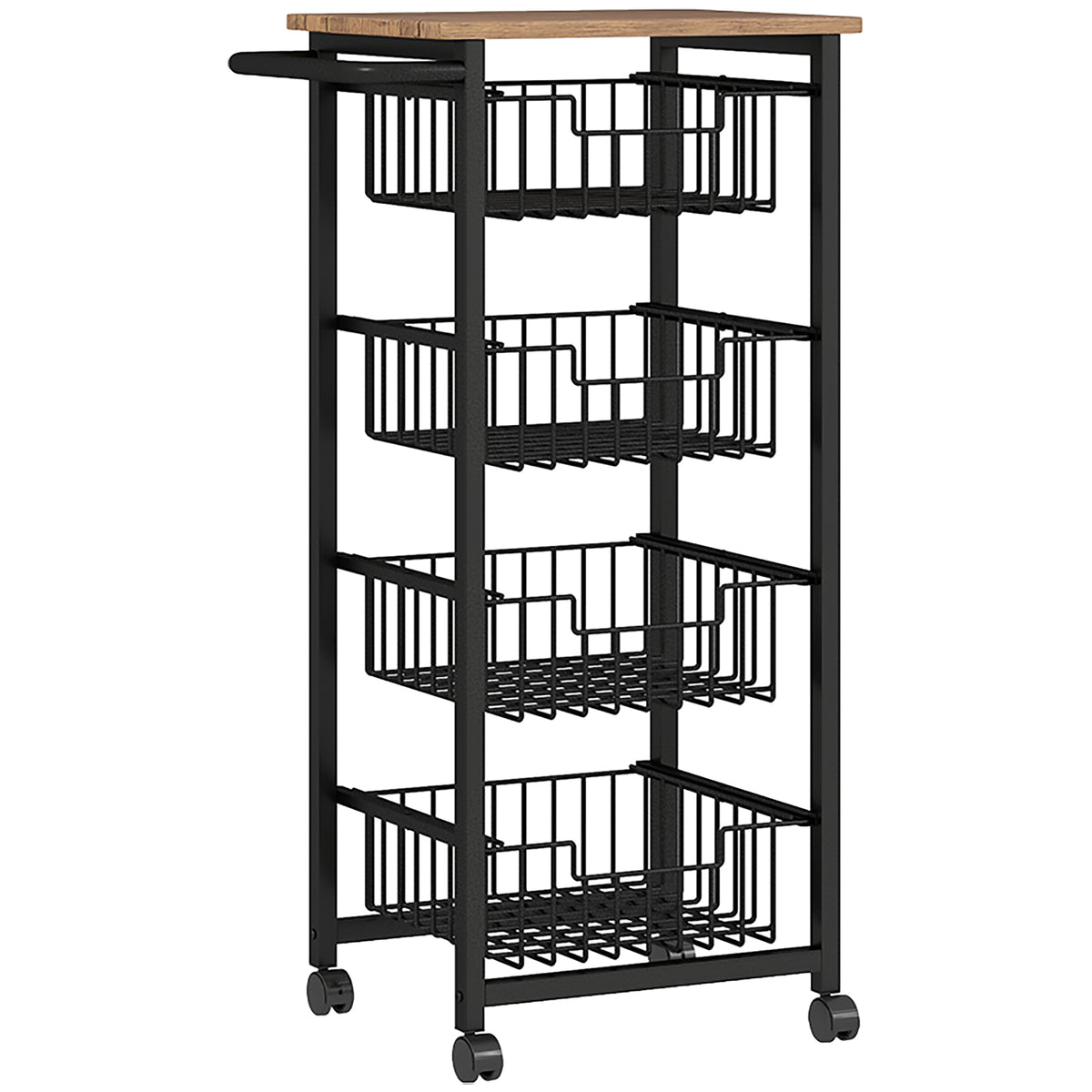 Chariot de rangement à 5 niveaux, desserte à roulettes, 4 paniers coulissants et plateau, 49,5x31x91cm, chêne et noir-0
