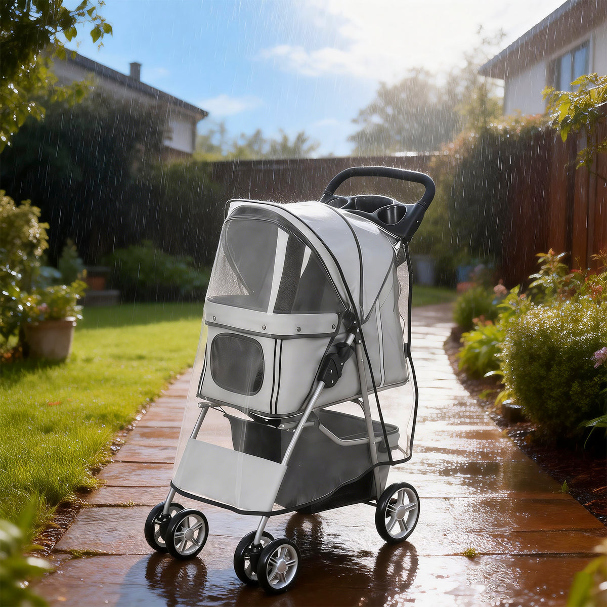 Poussette buggy pliable animaux chariot pliante chien chat porte-gobelet panier de rangement 75 x 45 x 97 cm gris-1
