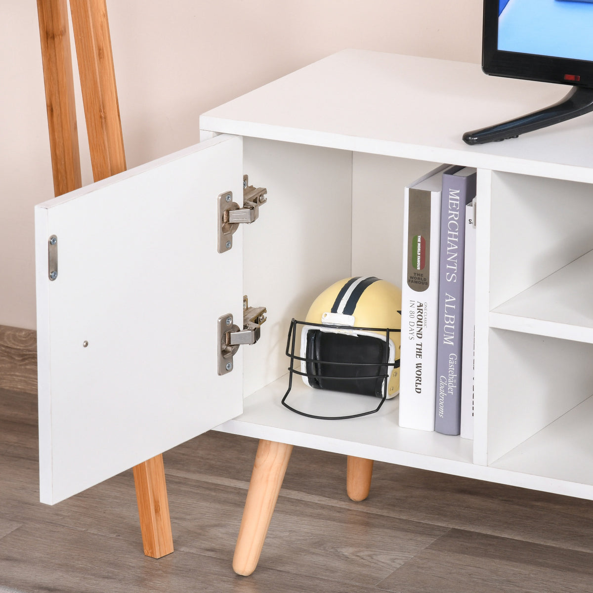 Meuble TV Banc TV Style scandinave Placard 2 niches 2 tiroirs Passe-Fils Panneaux Particules Blanc Bois pin-8