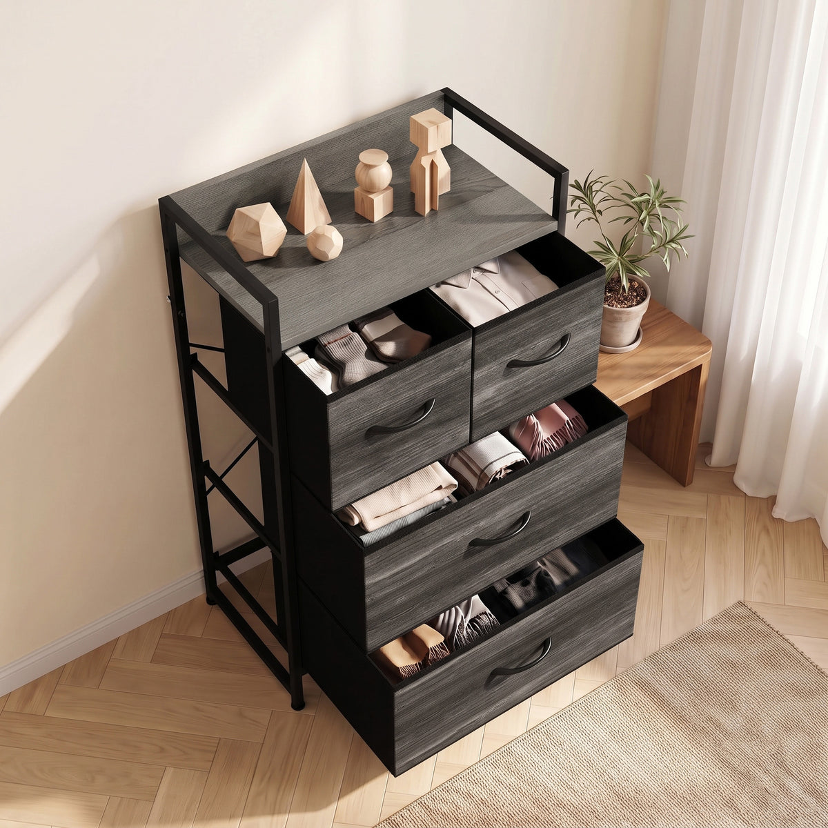 Meuble de Rangement Style Industriel, Commode 4 Tiroirs en Tissu Pliables et Amovibles et 1 Étagère, 50x29x85cm, Gris-7