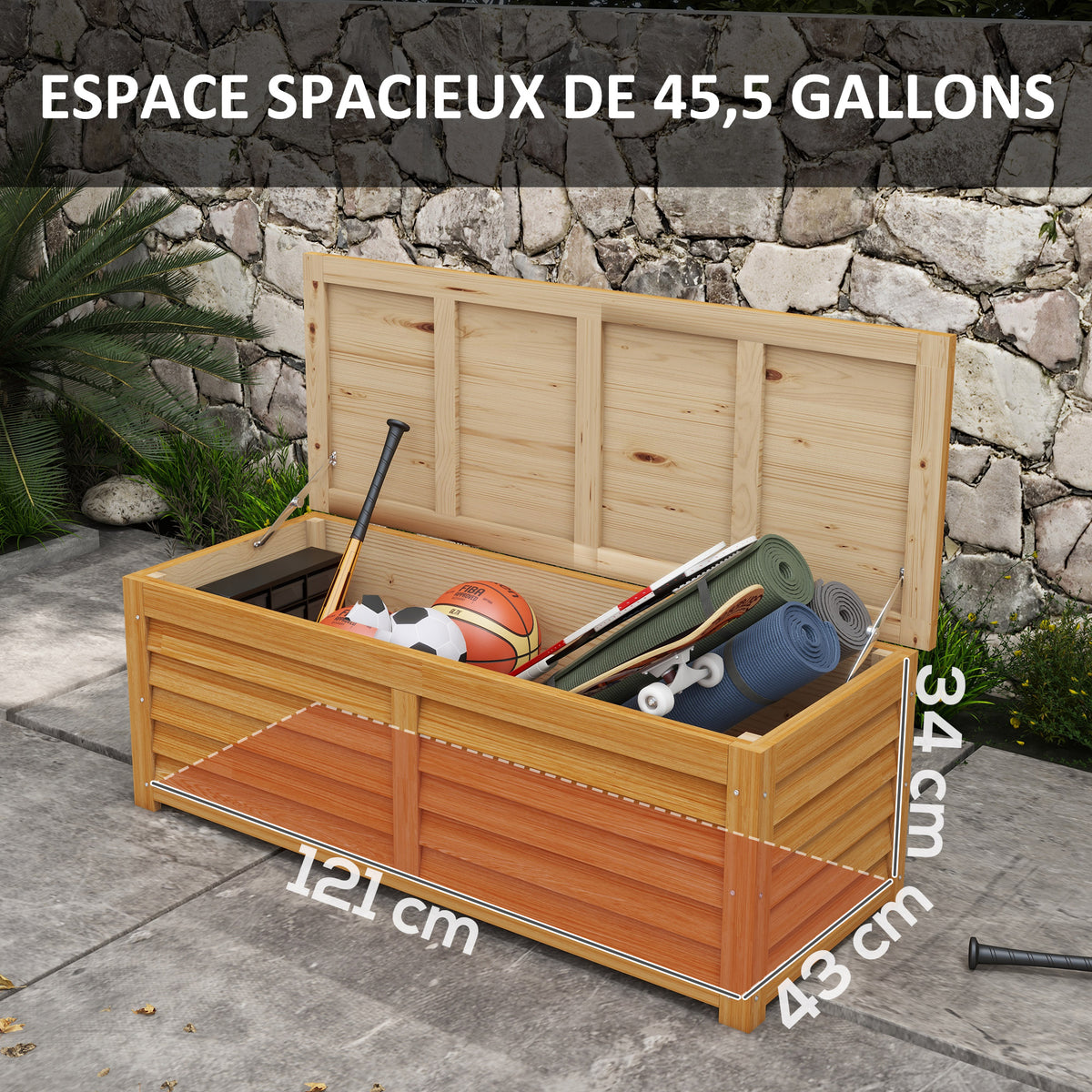 Coffre de rangement extérieur jardin 176L en bois avec poignée, dim. 130L x 50l x 45H cm-3