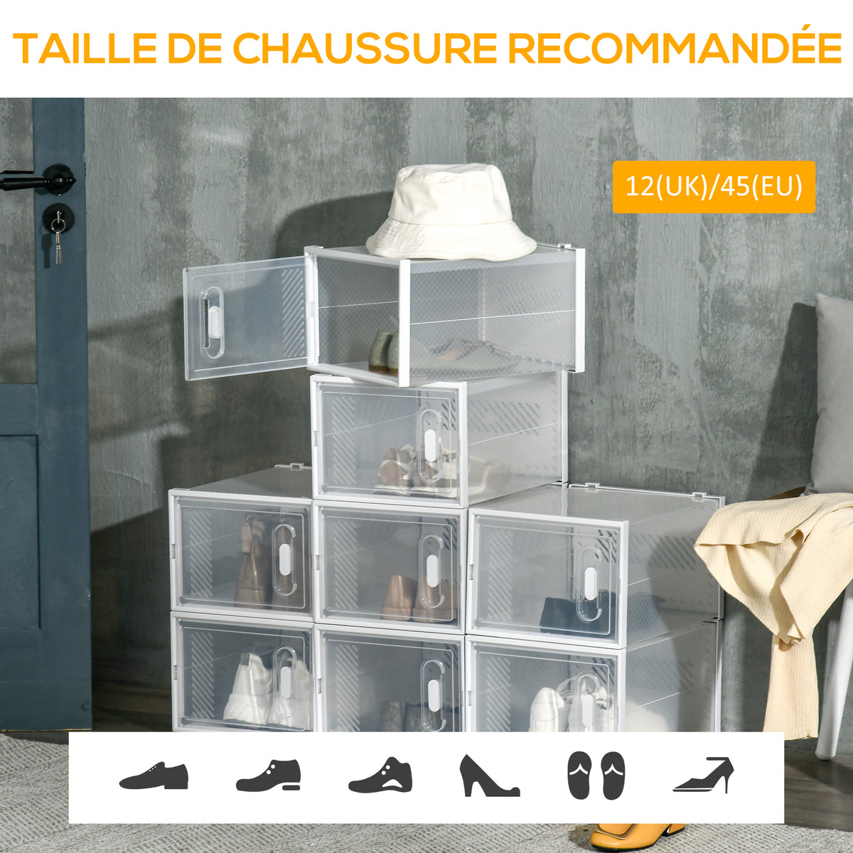 Meuble de rangement modulable, 8 cubes, meuble à chaussures empilables, vêtements, livres, jouets, blanc et transparent-6