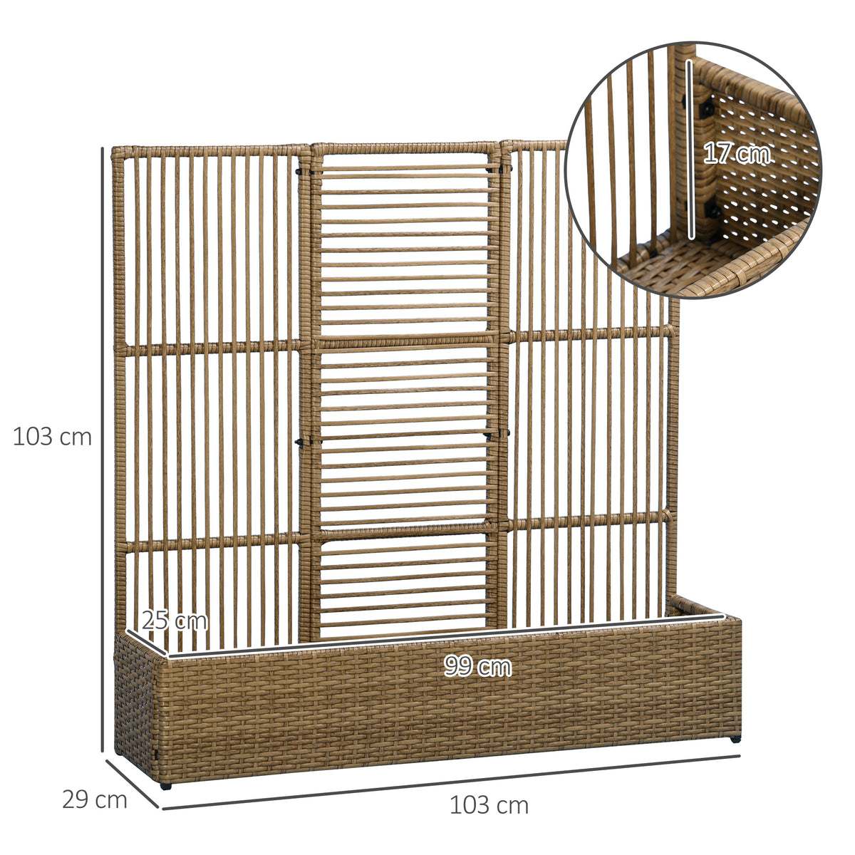 Support pour plantes avec treillis bac rectangulaire inférieur en résine tressée et acier dim. 103L x 29l x 103H cm-2