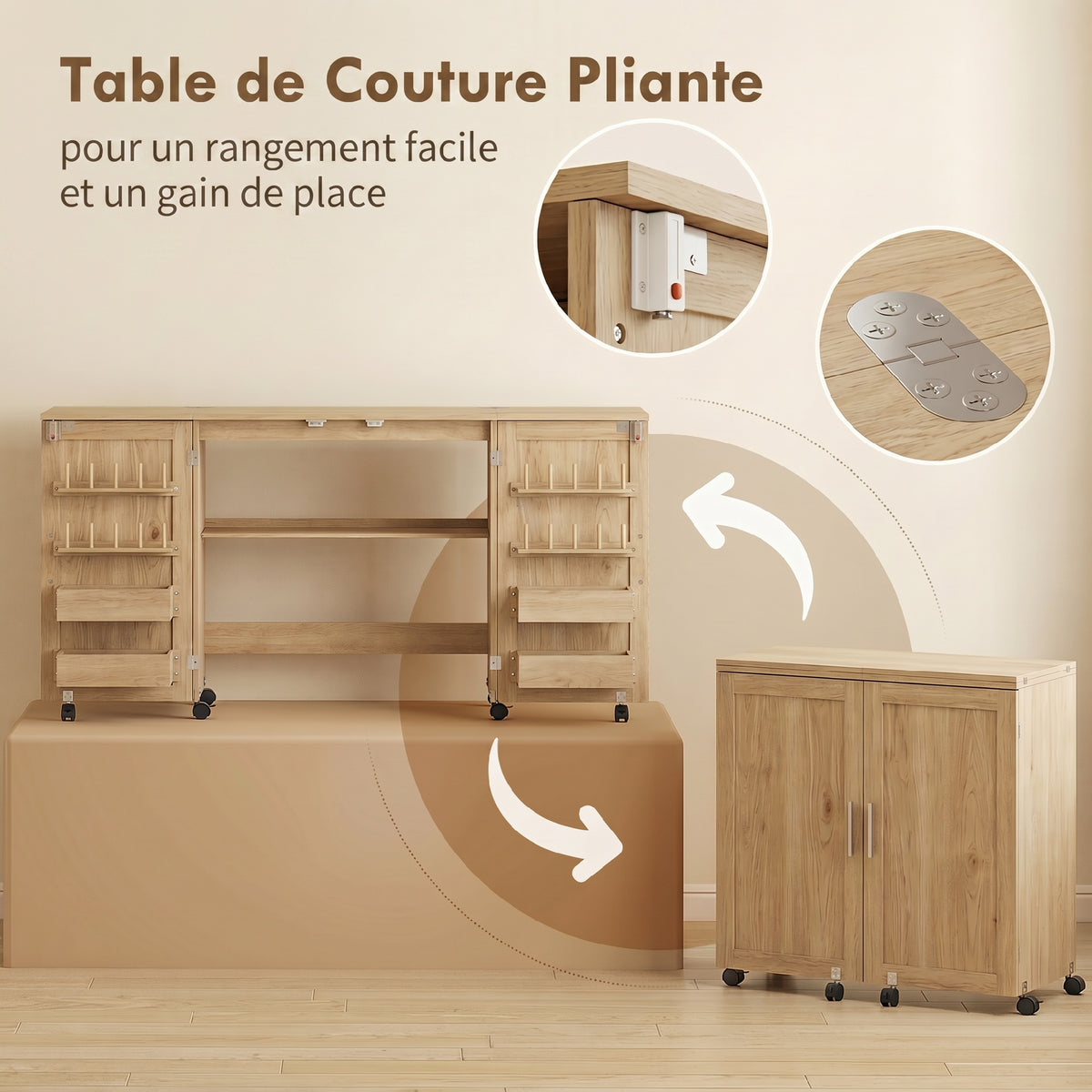 Table de couture pliante, meuble couture à roulettes, 2 portes magnétiques, 4 bacs, 20 crochets, 160x40x83cm, chêne-4