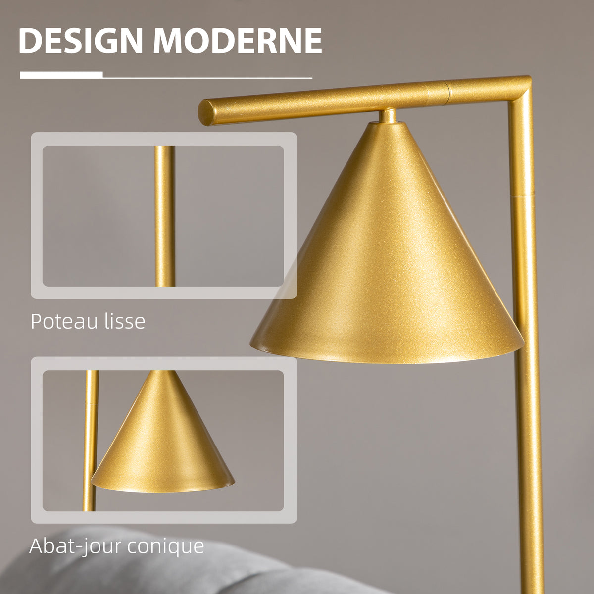 Lampadaire sur pied salon en acier avec abat-jour conique orientable base marbre 40W 35 x 26 x 153 cm doré-3