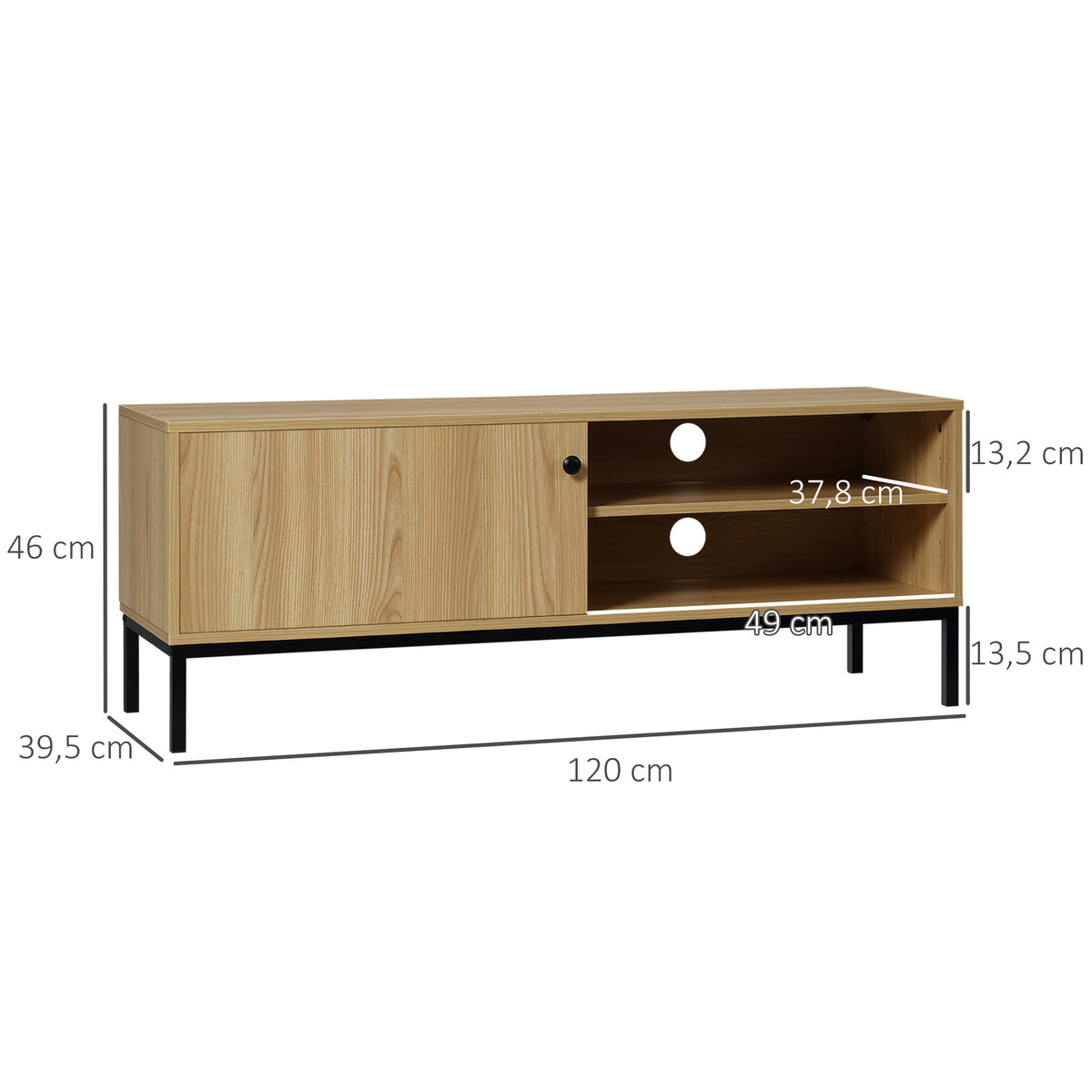 Meuble TV max. 50 pouces 3 compartiments 2 passe-câbles avec porte coulissante - dim. 120L x 39,5l x 46H cm-2