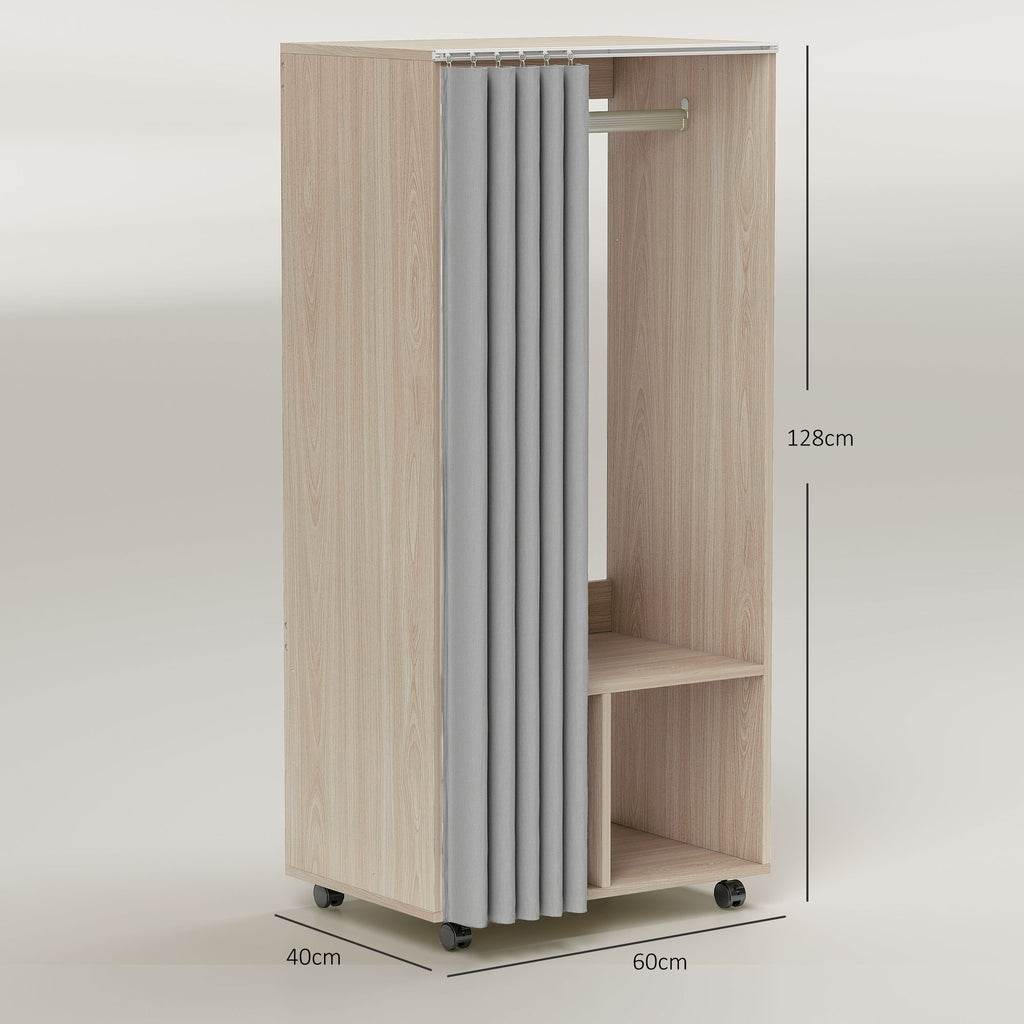 Armoire penderie armoire de rangement mobile avec rideau, tringle de suspension, 60 x 40 x 128 cm, effet bois naturel-2