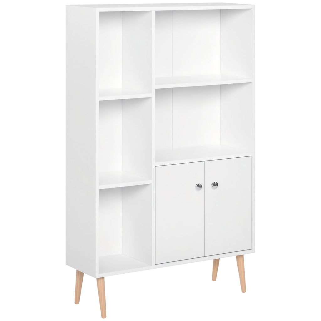 Bibliothèque scandinave meuble de rangement dim. 80L x 23,5l x 123H cm 5 niches placard 2 portes pieds effilés inclinés bois massif panneaux particules blanc-0