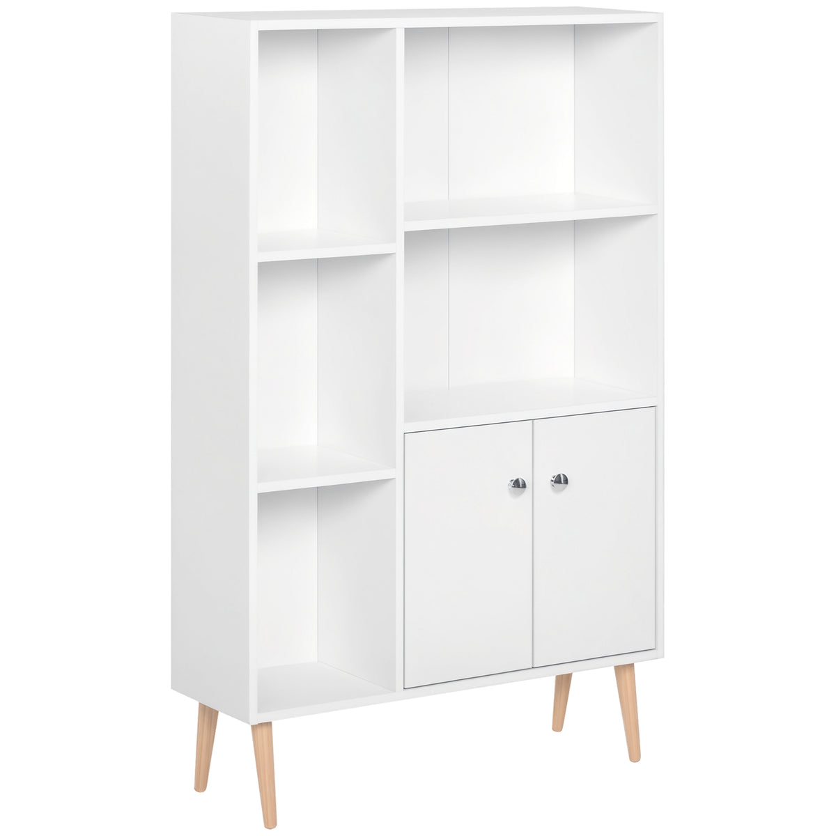 Bibliothèque scandinave meuble de rangement dim. 80L x 23,5l x 123H cm 5 niches placard 2 portes pieds effilés inclinés bois massif panneaux particules blanc-0