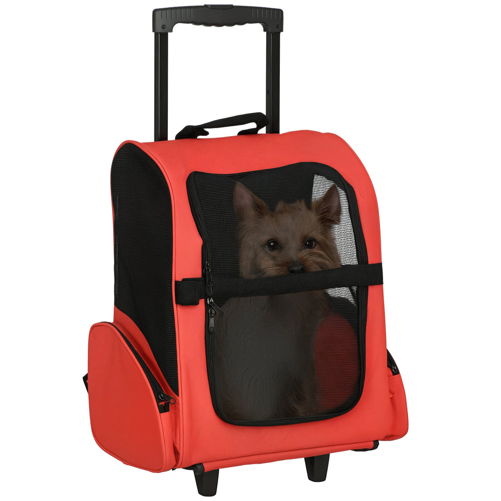 Sac de transport à roulettes pour chien 2 en 1 trolley chariot sac à dos pour chien chat avec poignée téléscopique, sacs de rangement, aérations, attache de sécurité, 42 x 25 x 55 cm, rouge-0