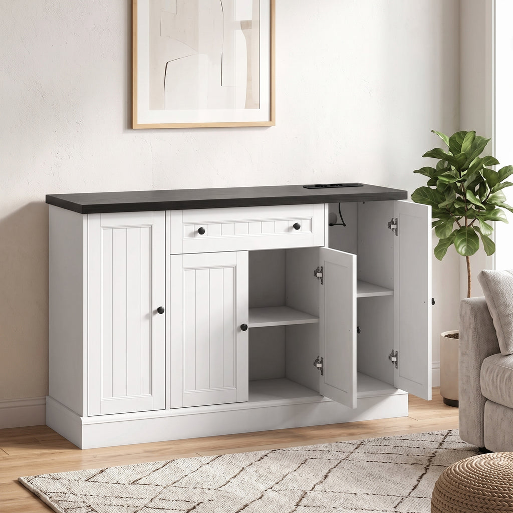 Buffet Salon avec Station de Charge, Meuble de Rangement avec 4 Portes, Tiroir, Étagères Réglables, Blanc et Noir-1