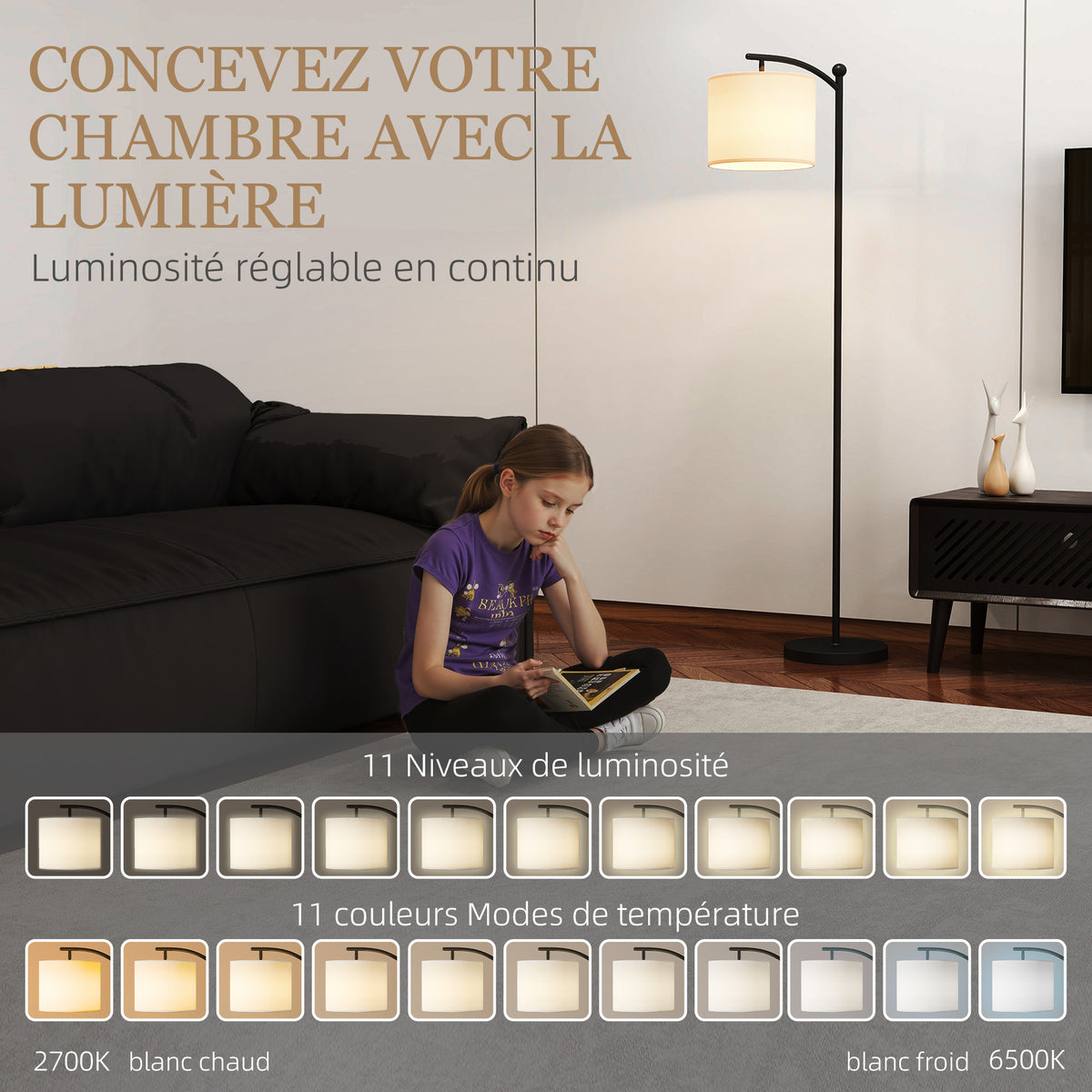 Lampadaire dimmable 2 températures de couleur avec télécommande, minuterie de 60 minutes, 160 cm, noir-3