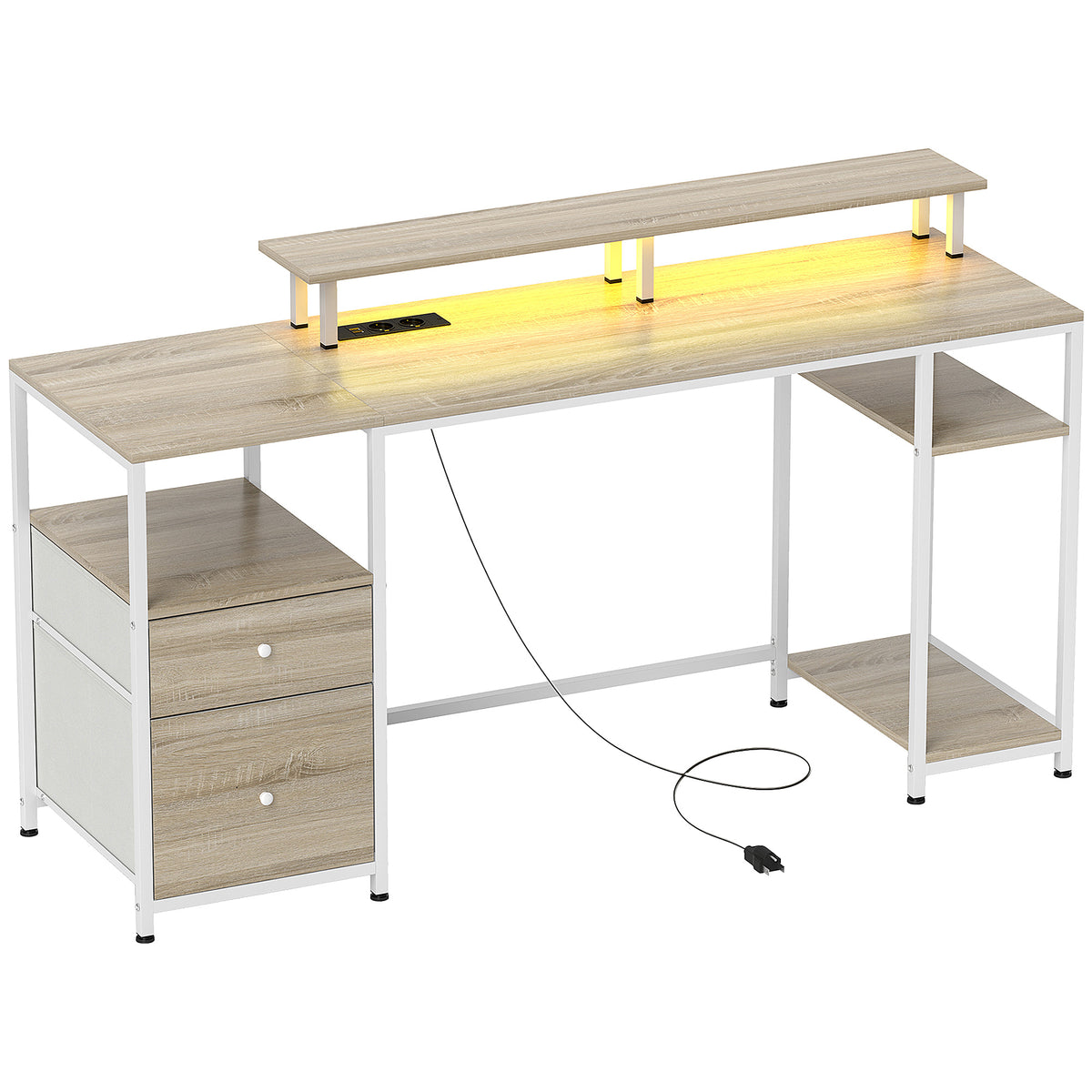 Bureau d'ordinateur bureau lumières LED réglables 2 prises ports USB tiroirs étagères 155,5x48x88,5cm effet bois naturel-0