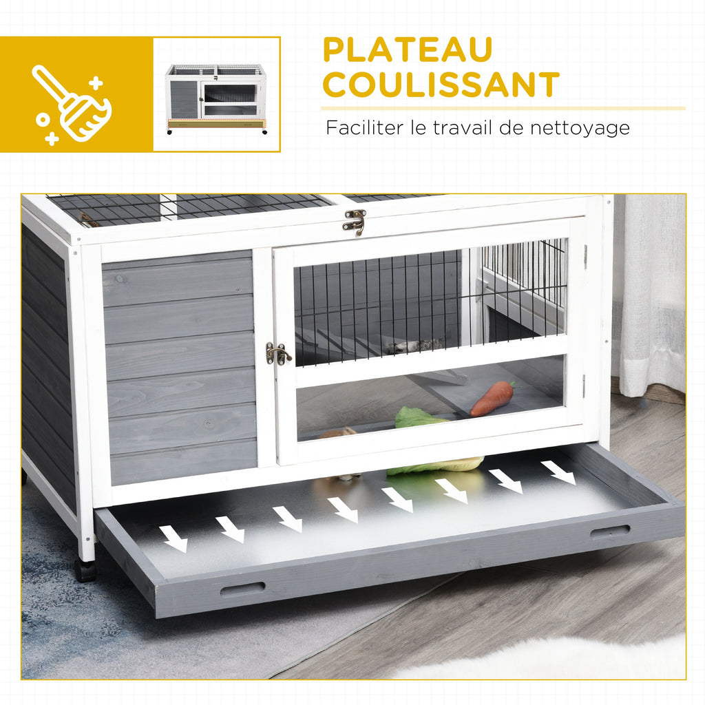 Clapier en bois cage à lapin villa pour lapin avec plateau coulissant, porte verrouillable, dessus ouvrable gris-5