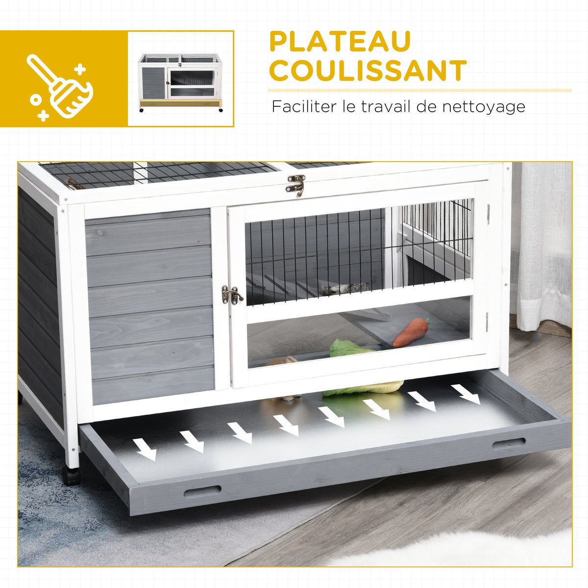 Clapier en bois cage à lapin villa pour lapin avec plateau coulissant, porte verrouillable, dessus ouvrable gris-5