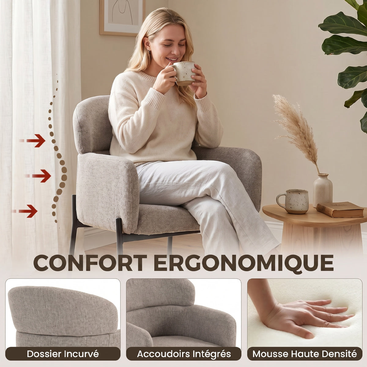 Fauteuil Salon, Fauteuil d'Appoint Rembourré en Chenille avec Dossier Courbé et Accoudoirs, Pieds en Métal, Marron Clair-3