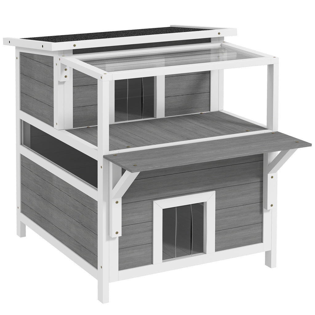 Maison pour chats 2 niveaux avec balcon abrité, toit ouvrable, extérieur, intérieur, gris clair-0