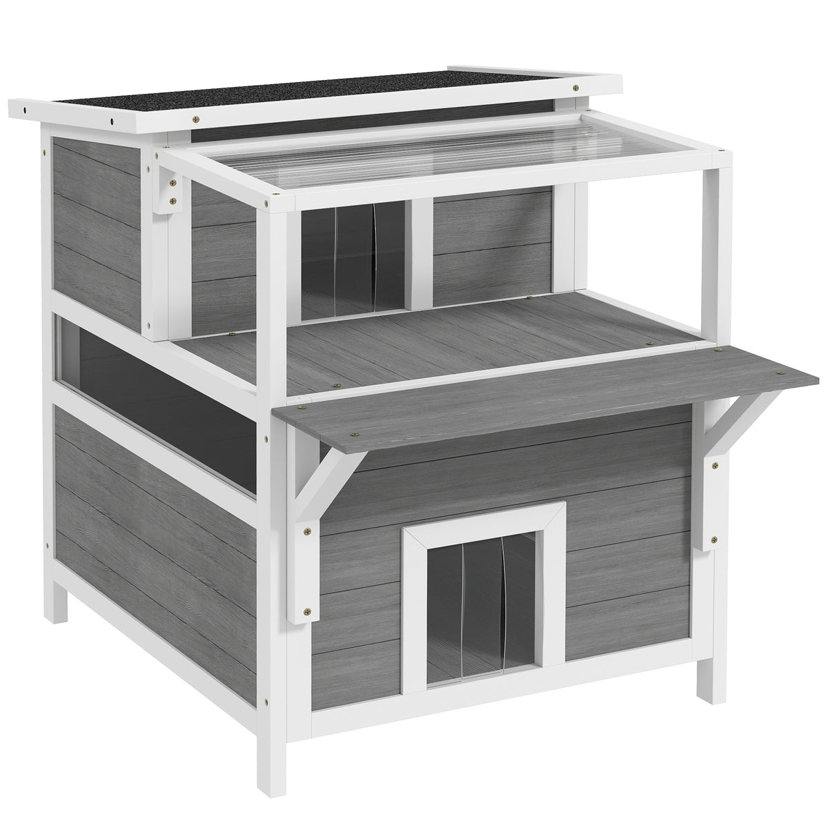 Maison pour chats 2 niveaux avec balcon abrité, toit ouvrable, extérieur, intérieur, gris clair-0