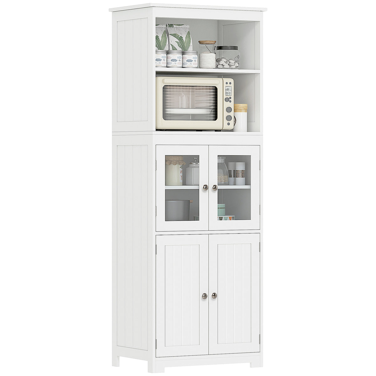 Armoire de cuisine buffet cuisine vaisselier meuble de rangement avec 2 niches, 2 placards avec 4 portes dont 2 portes vitrées, étagère réglable - dim. 60I x 30P x 162H cm blanc-0