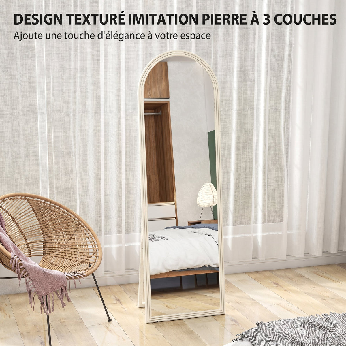 Miroir de sol arqué pleine longueur miroir sur pied cadre en effet imitation pierre pour salon chambre 50 x 160 cm blanc-4