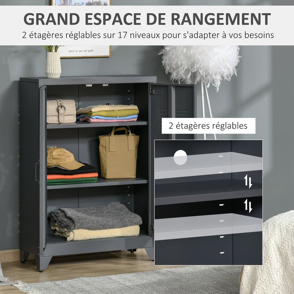 Armoire de bureau à 3 niveaux, meuble de rangement bureau métallique avec 2 portes et étagères réglables-3