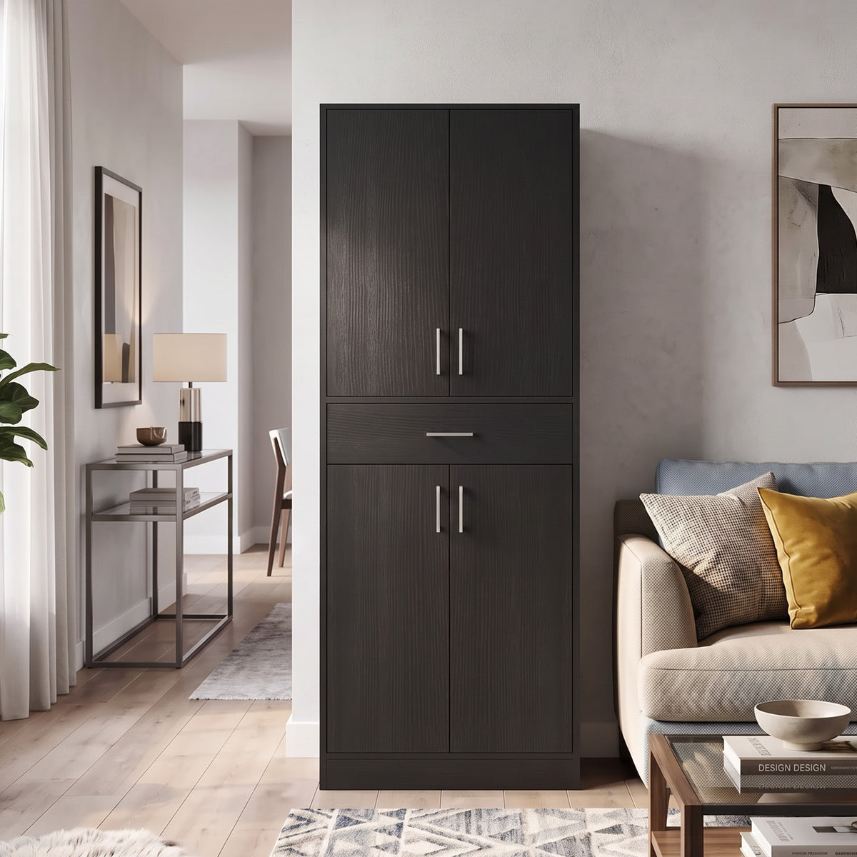 Buffet haut armoire de cuisine 4 portes 2 placards et 1 tiroir central hauteur 180 cm avec 2 étagères réglables noir-7