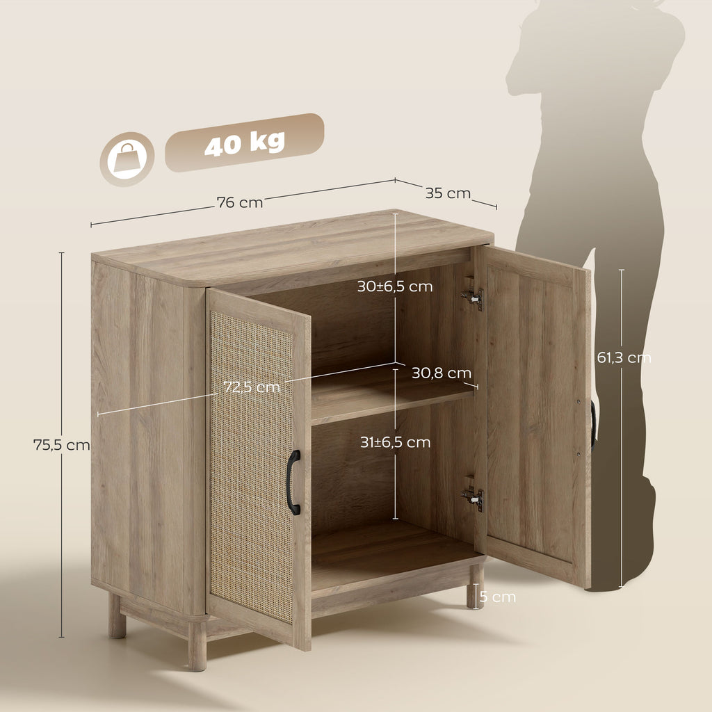 Buffet salon, meuble de rangement avec 2 portes en rotin, étagère réglable et bords arrondis, 76 x 35 x 75,5 cm, chêne-2