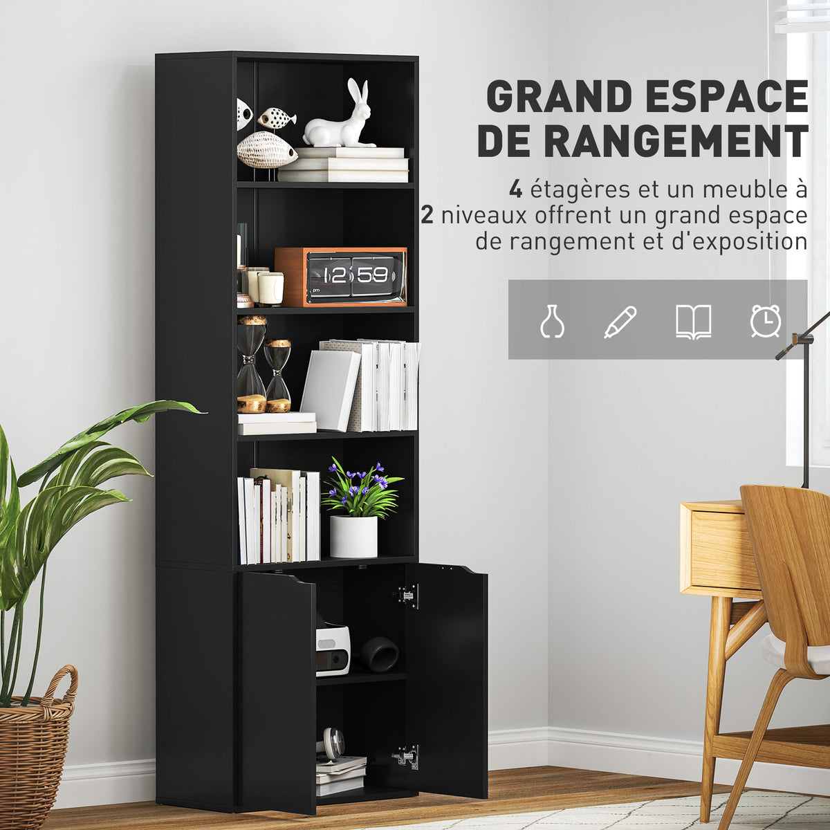 Bibliothèque Armoire à livres avec 4 compartiments ouverts et 2 portes pour le salon et le bureau 59x29x180 cm Noir-3
