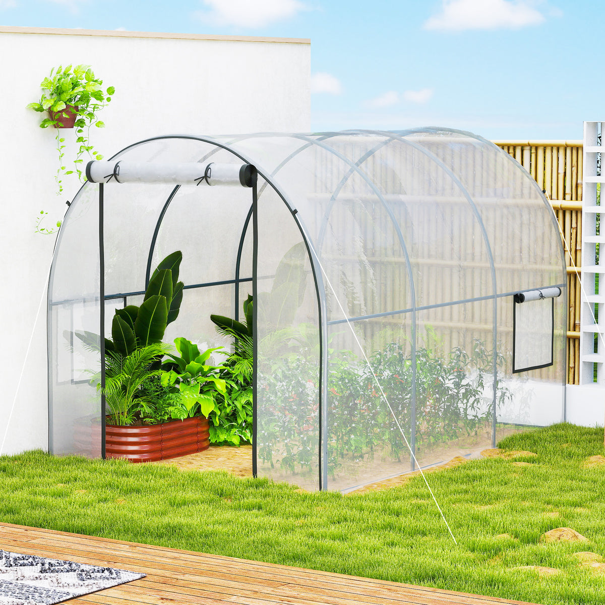 Serre de Jardin Tunnel 6 m² 3L x 2l x 2H m châssis Tubulaire renforcé Porte zippée 2 fenêtres enroulables - transparent-8