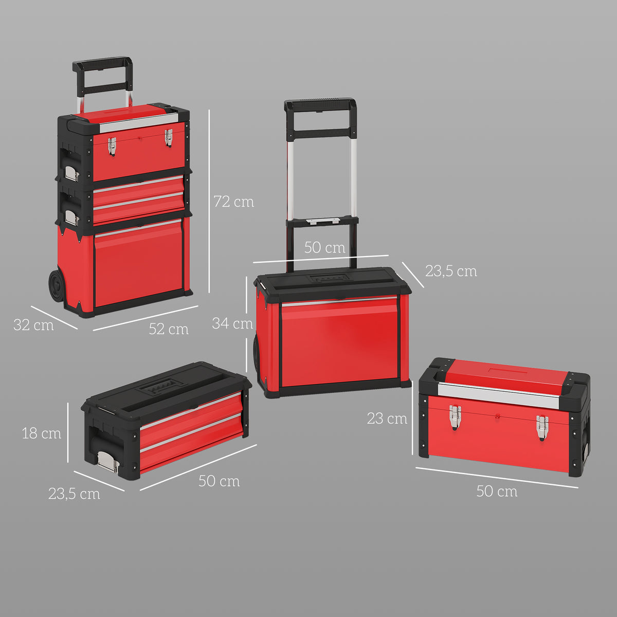 Lot de 3 boîtes à outils sur roulettes empilables et modulaires en acier avec plateau, poignées et serrure, rouge-2
