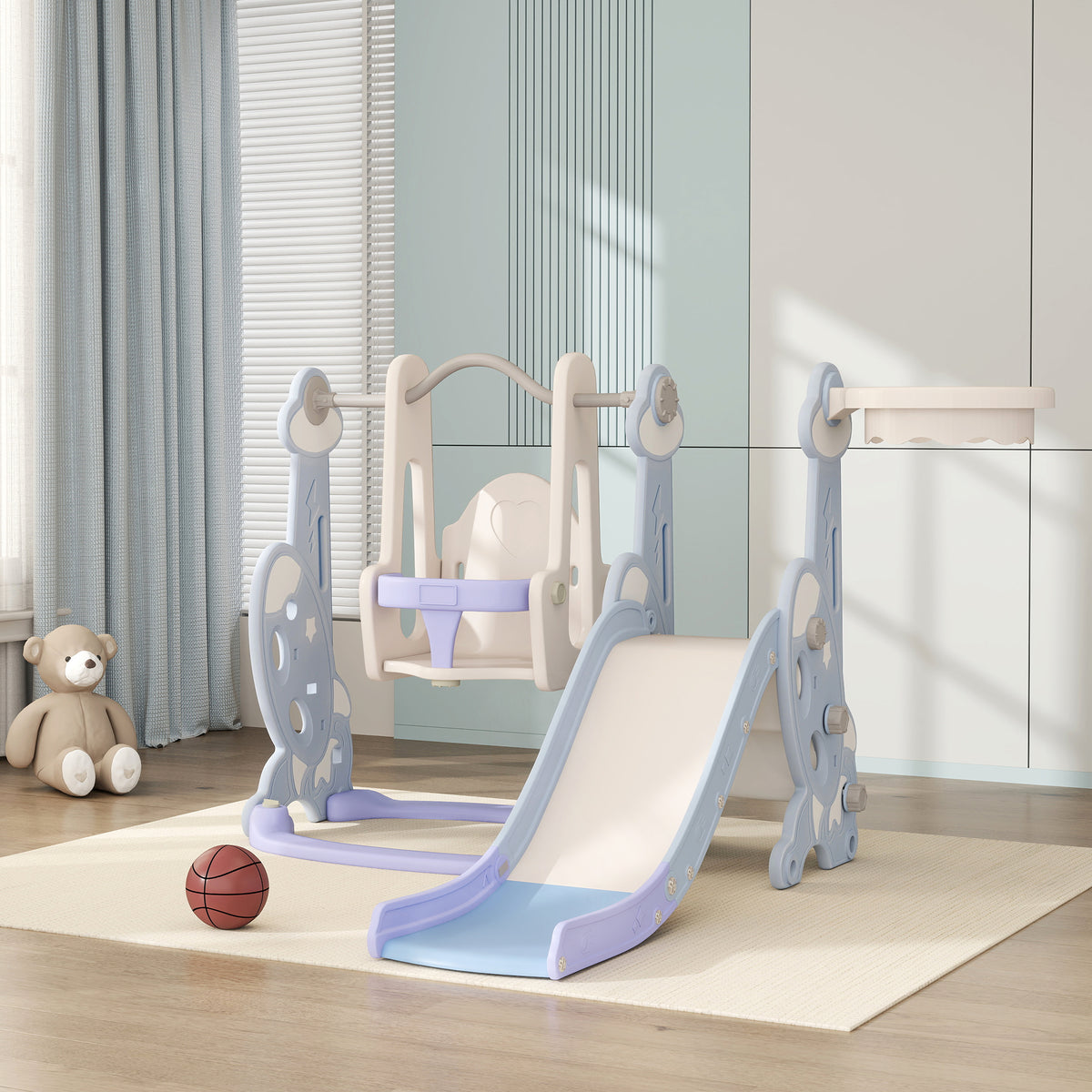 Toboggan et balançoire pour enfants 4 en 1 avec panier de basket et échelle, 147,5 x 160 x 107 cm, bleu clair-1