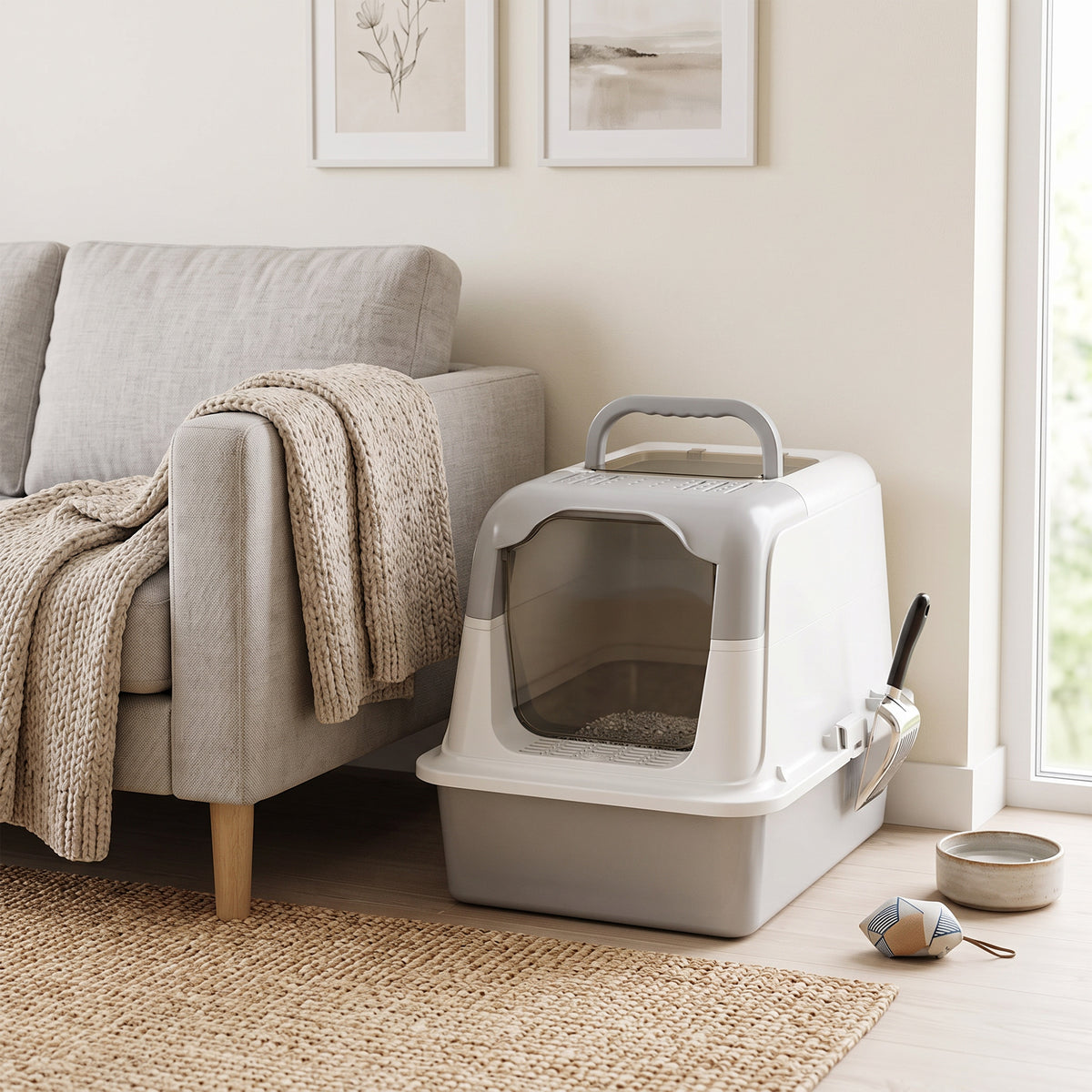 Maison de toilette pour chat bac à litière fermé bac acier inoxydable, nettoyage facile, 60,4 x 40,4 x 41,8 cm, blanc-1