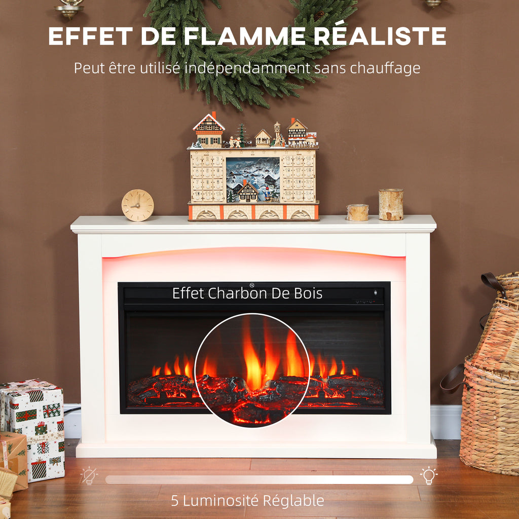 Cheminée électrique 1000W/2000W, fausse cheminée décorative, effet flamme à 5 luminosités réglables, 121x25x77cm, blanc-3