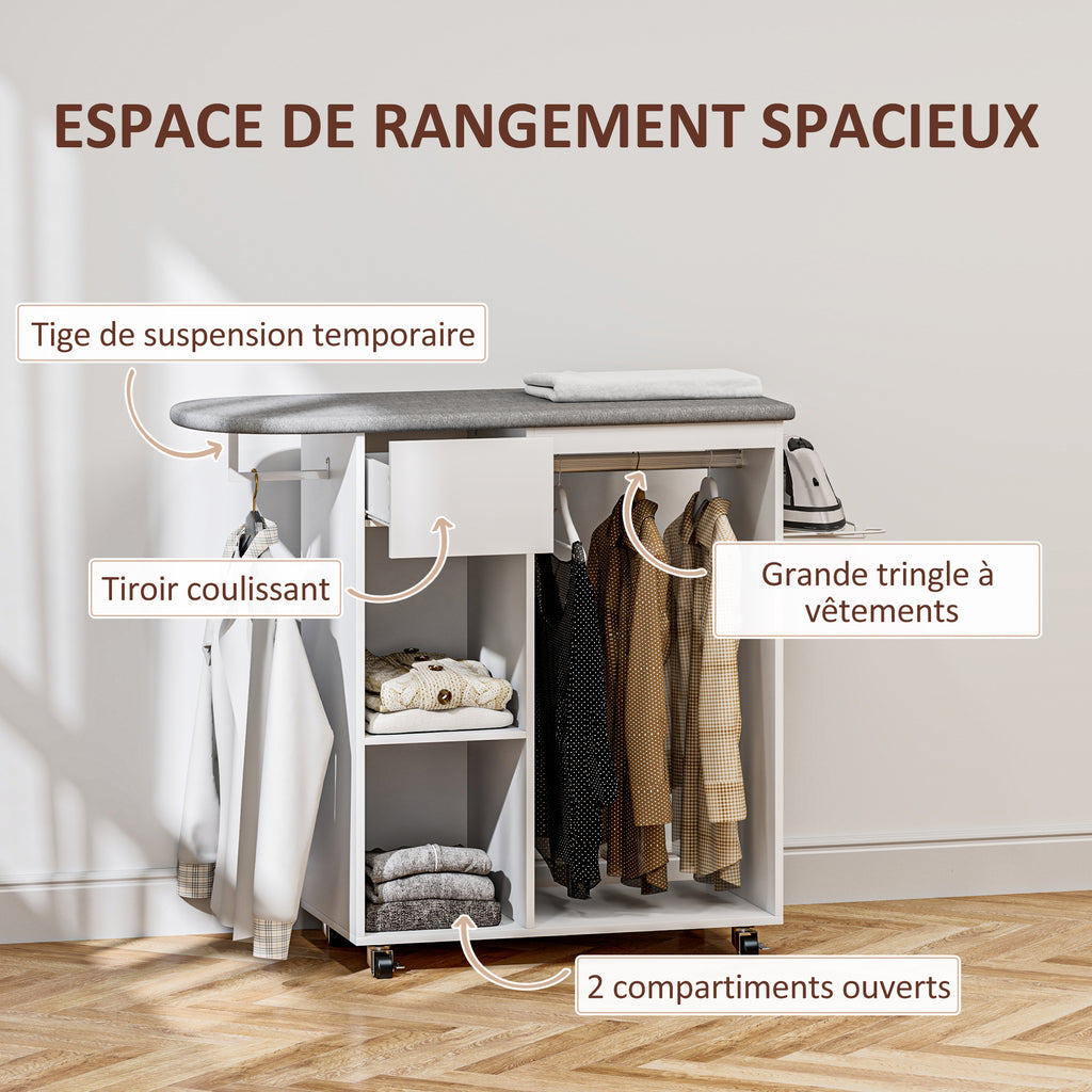 Armoire à repasser en bois table à repasser avec roulettes barre de suspension étagère 125 x 43,5 x 102,5 cm blanc-4