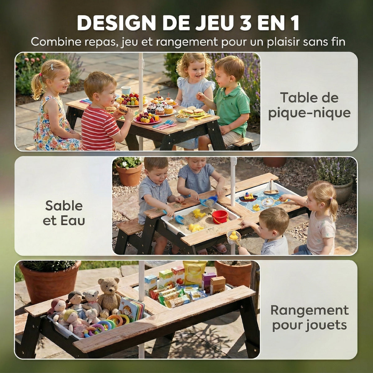 Table de pique-nique enfants avec parasol, 3 en 1 salon de jardin en bois pour enfants 3-6 ans avec 2 boîtes, naturel-3