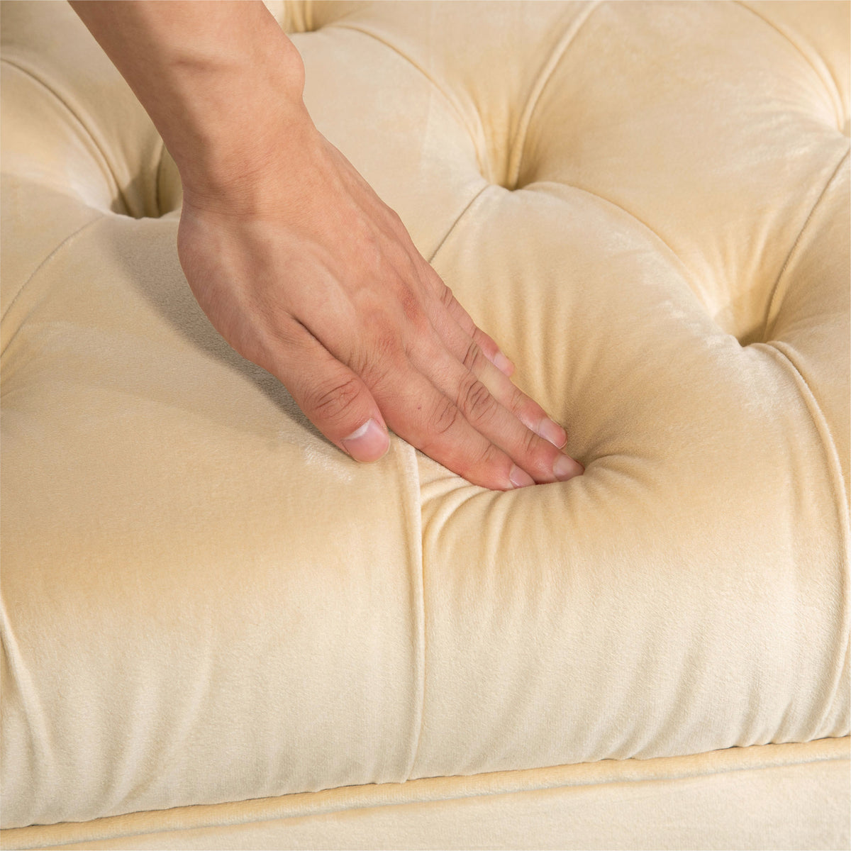Banc banquette capitonnée bout de lit style classique chic dim. 118L x 45l x 42H cm piètement métal doré velours beige-8