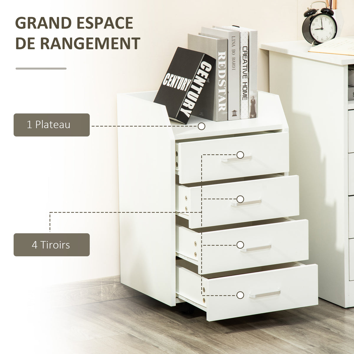 Caisson de bureau rangement sur roulettes 4 tiroirs coulissants MDF et panneaux de particules dim. 40L x 36l x 65H cm blanc-3