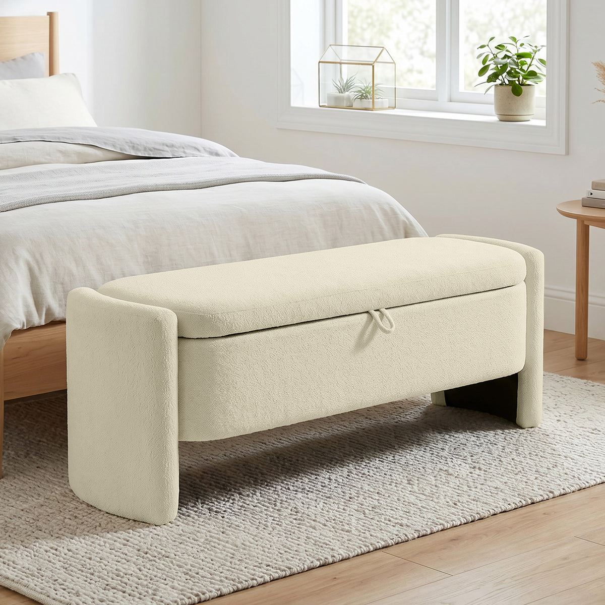 Banc Bout de Lit Banquette, 118x42x45cm, Banc de Rangement Rembourré en Tissu Bouclé, Pieds en Bois d'Eucalyptus, Crème-1