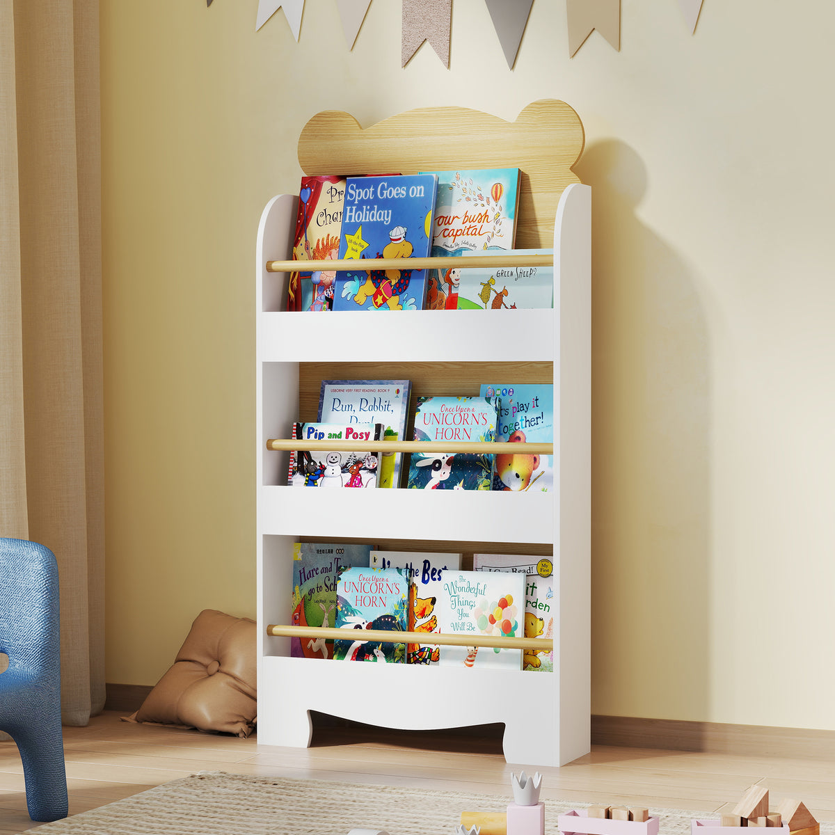 Bibliothèque pour enfant, rangement livre enfant 3 niveaux pour salle de jeux, chambre d'enfant, bois naturel-1