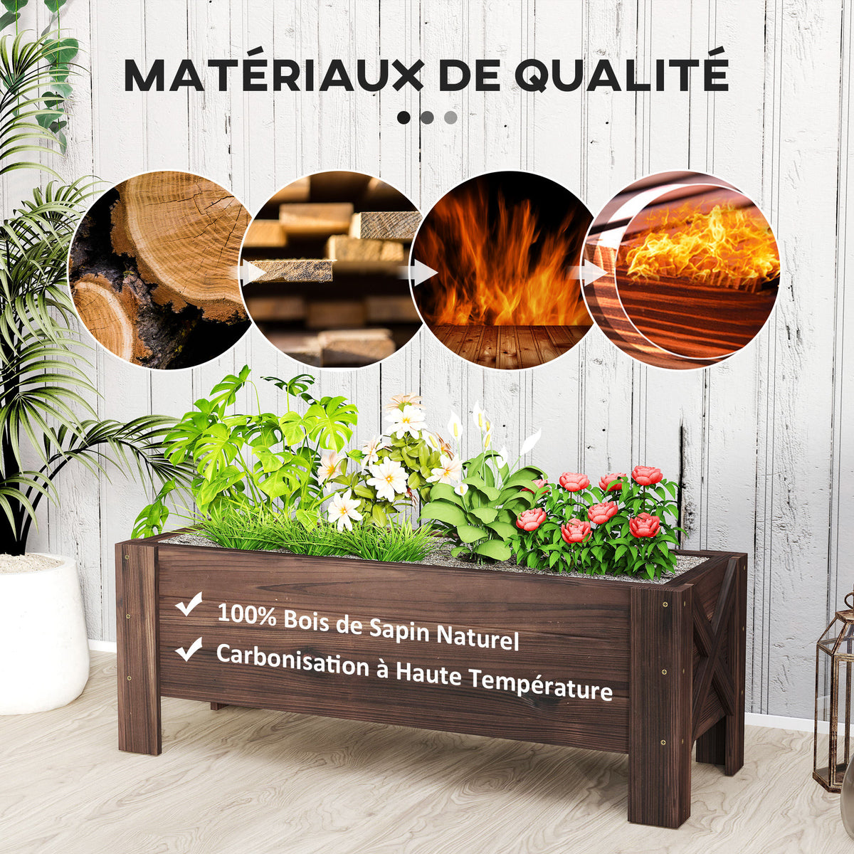 Jardinière sur Pieds bac à Fleurs dim. 100L x 36l x 36H cm Inserts d'irrigation Inclus Bois Massif Sapin traité-4