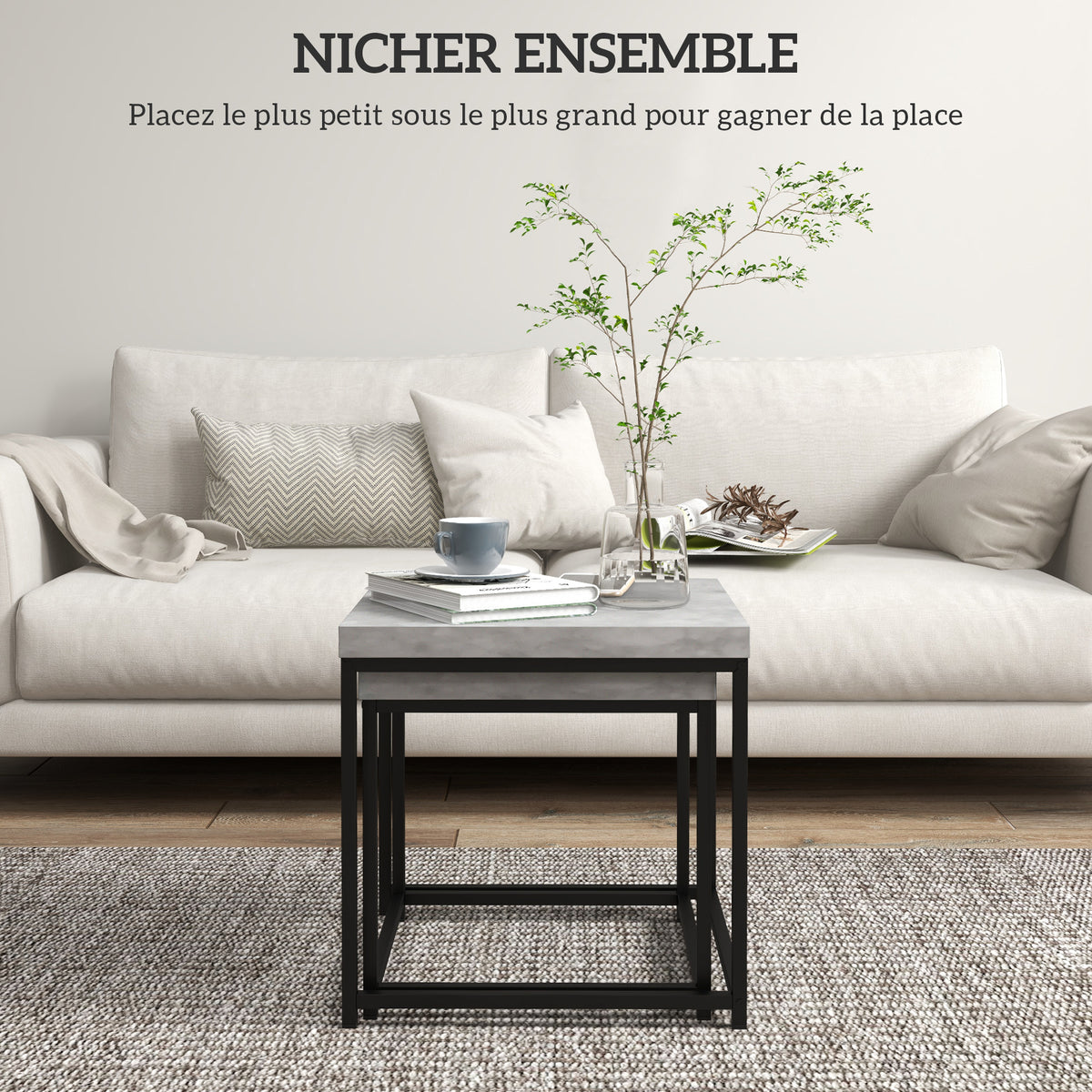 Lot de 2 tables gigognes tables basses carrées tables de salon cadre en acier et plateaux en bois gris-3