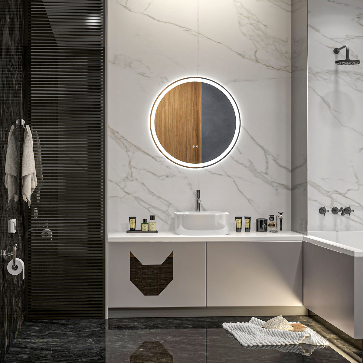 Miroir rond lumineux LED de salle de bain Ø 60 cm mural avec éclairage 3 couleurs interrupteur tactile 29W blanc argent-1