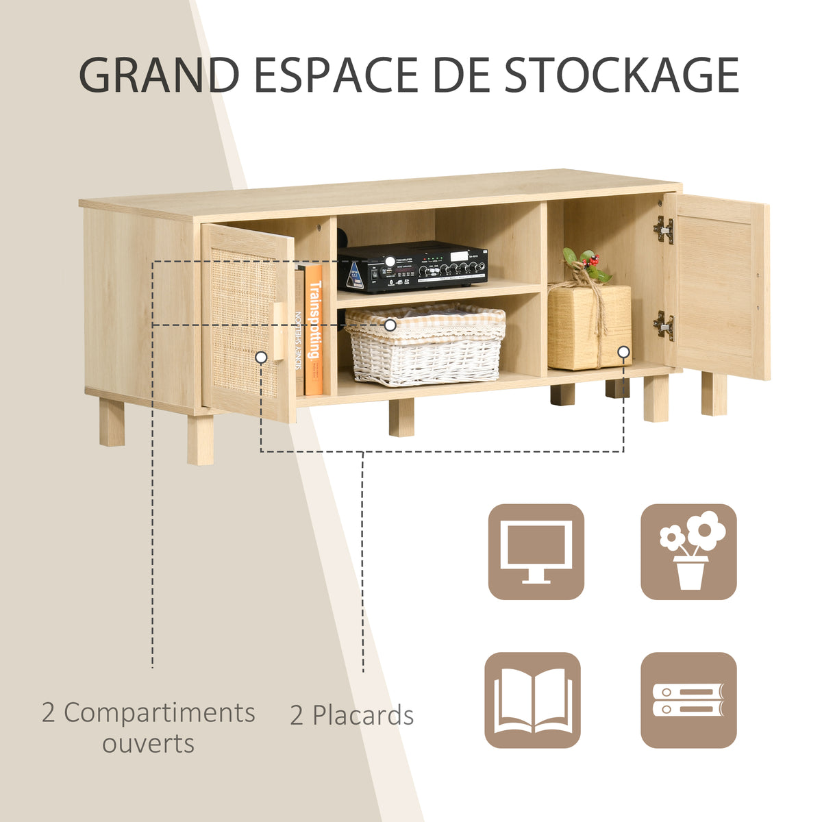 Meuble TV Banc TV 2 niches 2 placards Porte cannage en rotin dim. 115L x 40l x 48H cm MDF Aspect Bois Clair-4