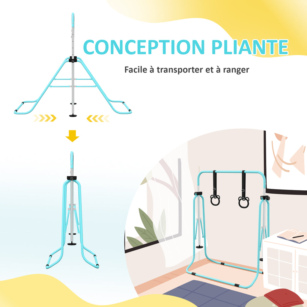 Barre de gymnastique pour enfants, barre horizontale pliable à hauteur réglable avec anneaux de gymnastique, cyan-5