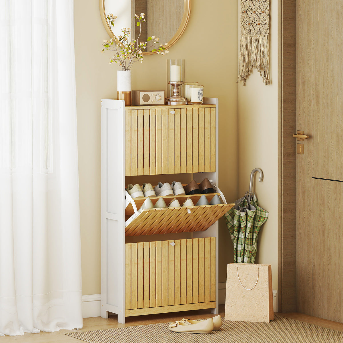 Meuble à chaussures 18 paires avec 3 tiroirs rabattables, portes en bambou à lattes, 60x24x118cm, blanc et bois naturel-1