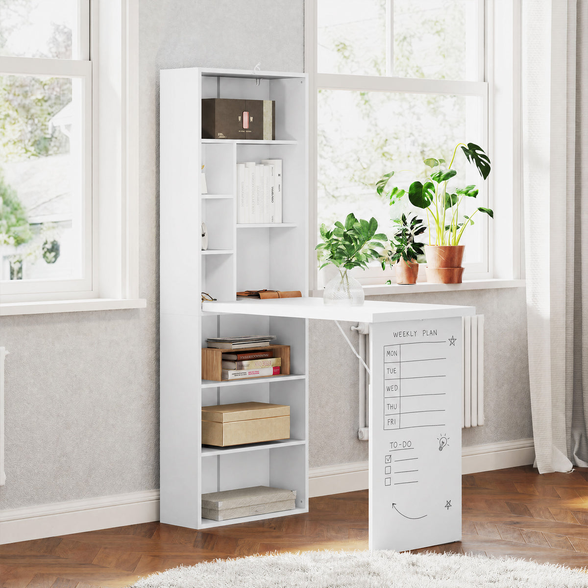 Bureau d'ordinateur pliable avec bibliothèque, poste de travail, tableau blanc et étagère réglable, 98x51x153cm, blanc-1