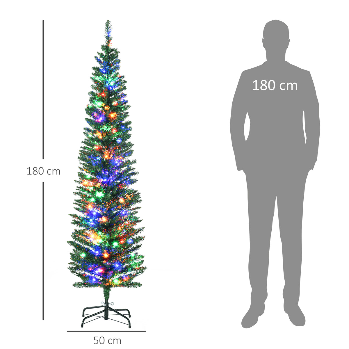 Sapin de Noël artificiel lumineux en forme de crayon 180 cm 150 lumières multicolores 390 branches base en acier vert-2